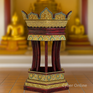 พานไม้ ขันธ์ 5 ไม้สัก ปาก กว้าง 48 สูง 75 cm บูชาครู ขันธ์ครู  ขันไหว้ครู สีแดงโบราณ  ปิดทองทองคำเปลวส่องประกายสุกปลั่ง ประดับกระจกสี