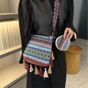 DINAH Large Capacity Ethnic Style Crossbody Bags Tassel Woven Bag Handbag with Coin Purse Vintage Geometric Bohemian Shoulder Bag Women
