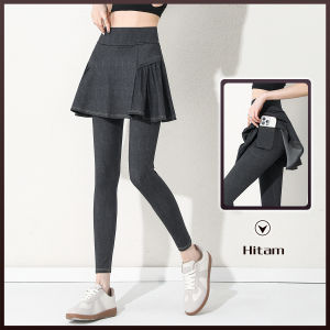 【Fongaly】denim imitasi Celana Rok Wanita 2-in-1 Berkantong upsize Legging hitam olahraga Wanita Rok Panjang ukuran besar Jumbo Polos Gym jogging bawah Celana kulot Muslim rok lipit black yoga pants High Waist Running pants (Hitam Biru)