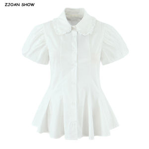 2025 Stylish White Wood ears Peter Pan Collar Short Puff Sleeve Shirt Women Slim Waist Swing Hem Open Buttons Blouse Girls Tops2026