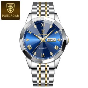 POEDAGAR Luxury Men Watch Waterproof Luminous Male Wristwatch Stainless Steel Date Week Man Watches Quartz Clocks