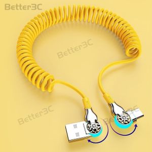 PD65W Fast Charging Car Charger Spring Retractable Cable 180°Elbow Rotation USB A to Type C Cable With indicator Zinc Alloy Braided Data Cable For ios