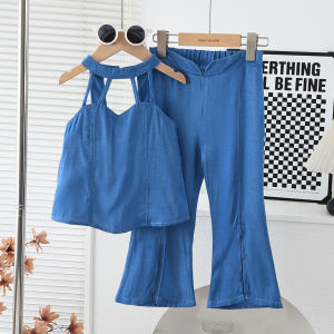 Gấu Lãnh Đạo Màu Xanh denim giả Vải Cổ treo quần áo Hàn Quốc màu trơn áo khoét + quần ống loe Hai bộ chi tiết Đồng Bằng 3-7 Năm Trẻ Em Trang Phục