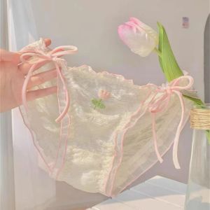 GOOTRADES สีทึบทึบ ชุดชั้นในลูกไม้โบว์ ดอกทิวลิปเย็บปักถักร้อย เป้าผ้าฝ้ายเป้า กางเกงในสตรีแบบสั้น สะดวกสบายสบายๆ สไตล์เจ้าหญิง กางเกงในเอวต่ำ สาวๆ