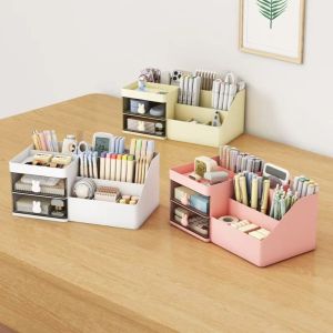 BINGHEI 2 Drawers Stationery Storage Box 10 Compartments Cute Bunny Desk Pen Holder Multi-functional Decorative Cosmetic Drawer Organizer Home