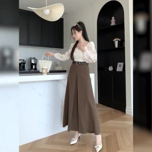 Ammin 2024 mùa xuân và mùa thu trung Chiều dài vành đai kinh doanh Chân Váy OL nữ phong cách hàn quốc thanh lịch một dòng váy đơn giản màu trơn thời trang thiết kế xếp li váy