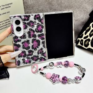 Fashion Sparkly Leopard Print Case Compatible with for Samsung Galaxy Z Fold8 Ultra/8/7/6/5 Hard PC Shock Resistant Full Protection Foldable Phone Shell Cute Decor Beaded Wrist Chain Ladies Aesthetic Cover