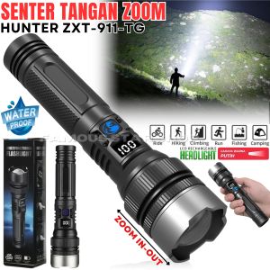 Senter Zoom In Out 3 Mode Super Light Senter LED DISPLAY HUNTER ZXT-911-TG Bisa Power Bank Aluminium Rechargeable Waterproof - Senter LED Laser Putih Meningkatkan Daya Tinggi Senter Kepemimpinan Zoom Pengisi Daya USB Berkemah Terbaik di Luar Ruangan ~FSS