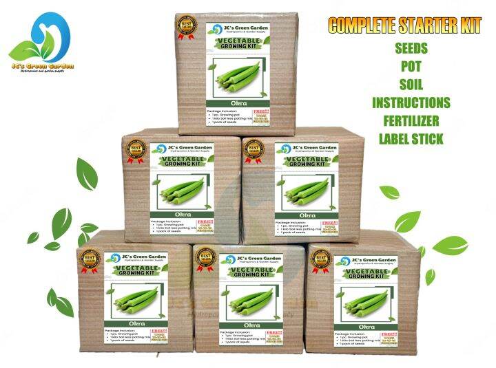 OKRA STARTER KIT - READY TO USE/COMPLETE PACKAGE/POT/SOIL/SEEDS/FERTILIZER/MANUAL/LABEL STICK