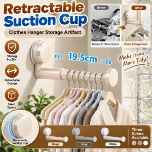 Retractable Suction Cup Hanger Space Saving Wall Mounted Clothes Hanger Strong Suction No Drill Wardrobe Storage Organizer