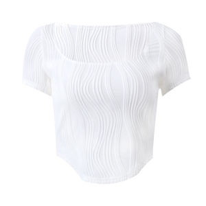 Womens casual plain square neck T-shirt European and American new fashion trend temperament U-neck irregular short-sleeved top pure white water ripple slim fit belly-waist womens clothing