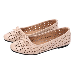 Elegant Womens Leather Flat Shoes with Hollow-Out Design and Bow Detail 5018-42