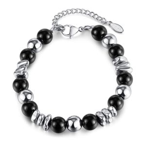 Sinboia Fashion Stainless Steel Black Agate Bead Bracelet for Women