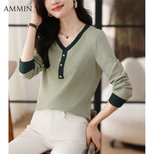 AMMIN Korean style elegant matching color V-neck sleeve long sleeve cotton T-shirt woman 2023 autumn new simple texture contrast color elegant blouse