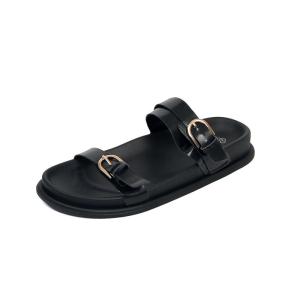 YOTO Leather Sandals For Women Double Straps with Metal Buckle Sildes for Beach & Outdoor Casual Wear
