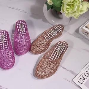 WomenS Wedge Heel Thick-Soled Non-Slip Wear-Resistant Fashionable Crystal Closed-Toe Half Slippers For Mothers To Wear Outside