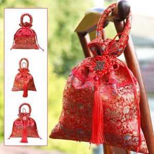 MMLUCK Chinese Style Flower Drawstring Bag Wedding Candy Storage Festive Sugar Bag Sweet Party Canvas Tassel Handbag Wedding