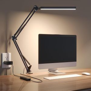 LED Adjustable Arm Desk Lamp with Clip for Home Office Eye Care 3 Colors 10 Brightness Levels