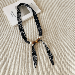 BESTWEST Pearl Thin Polka Dot Neckerchief Vintage Beads Choker Scarf New Adjustable Silk Scarf Necklace Women Daily Outfit