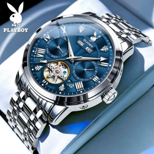 PLAYBOY ของแท้แบรนด์นาฬิกาผู้ชายกันน้ำ 2023 ใหม่หรูหรามัลติฟังก์ชั่นกลวงนาฬิกาจักรกลอัตโนมัติแฟชั่นลำลองเพชรชุดเรืองแสงสแตนเลสนาฬิกาของขวัญแฟน