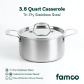 Famco 3.6 Quart Casserole 20cm, Tri-ply stainless steel construction, Rust-resistant, Induction compatible, Aluminum core, Even heating, Everyday use, Good for 8 servings, Double handles, Sleek Timeless design. 