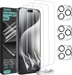[3+3 Pack Hydrogel Film Screen Protector for iPhone 15 Pro Max(NOT Glass) with Tempered Glass Camera Protector Soft TPU Transparent Screen Protector Film