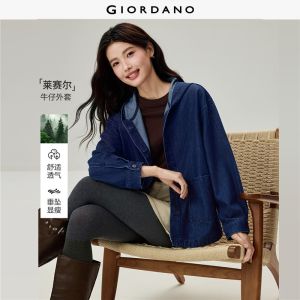 Giordano Beau Monde Women Double pockets curved hem hooded denim jacket Free Shipping 13376703