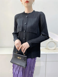 S-832# One Size (45-75kg) Autumn Pleated Shirt Women Comfort And Casual Slim Fit Shirt Long Sleeve Stand Collar Bellows Pocket Cardigan