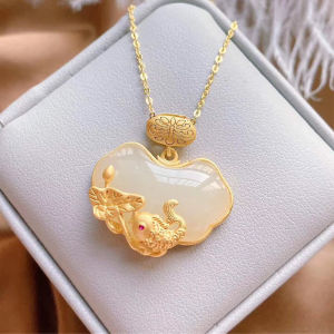 Gold-plated Vietnamese sand gold traditional gold inlay with Hetian white jade lotus leaf small fish and ruyi lock pendant necklace for women