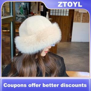 【ZTOYL】 หมวกทรงบัคเก็ตขนเฟอร์ขนฟูสำหรับผู้หญิงหมวกชาวประมงหรูหราหมวกฤดูหนาวให้ความอบอุ่นหมวกปานามาแบบหนาสำหรับวันหิมะหนาว
