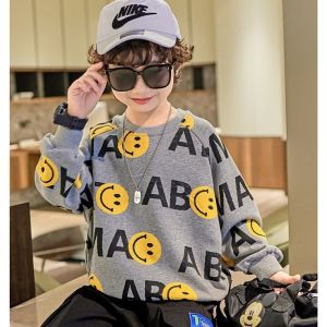 SOLANNA ชุดเด็กเกาหลี เสื้อกันหนาวเด็กชาย ลวดลายหน้ายิ้มอย่างมีสไตล์ เสื้อเชิ้ตแขนยาวทรงหลวมแฟชั่นฤดูใบไม้ร่วงใหม่ของเด็กผู้ชาย