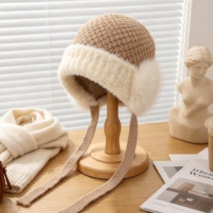 GOXBERK Knitted Winter Knit Hat Premium Plush Solid Color Fluffy Warm Hat Thermal Headwear Bonnet Thick Warm Plush Earflap Cap Skiing Trip
