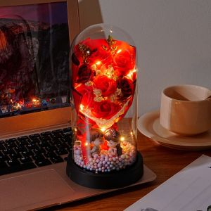 AODDO Đầy màu sắc Hoa hồng vĩnh cửu Tượng đôi tình nhân với Dây Đèn Đồ trang trí bó hoa Vĩnh cửu Trang trí phòng khách Đồ trang trí bàn làm việc Quà tặng độc đáo