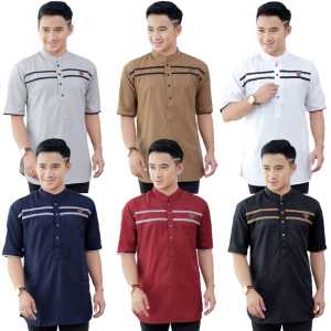 M L XL XXL XXXL BAJU KOKO KURTA LIST GARIS 2 DIDADA LENGAN PENDEK MUSLIM PRIA DEWASA BAHAN FULL KATUN