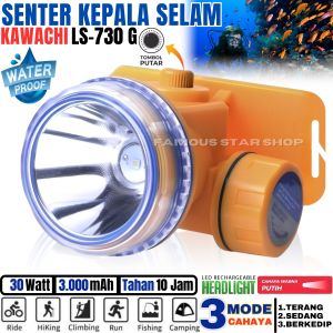 Senter Kepala Selam 30 Watt KAWACHI LS-730G Super Terang Tahan 10Jam | Headlamp Anti Air 3000mah + Casan USB Headlamp Super Bright Tahan Lama - Headlamp Diving Cahaya Putih Super Terang Outdoor Headlight ~FSS