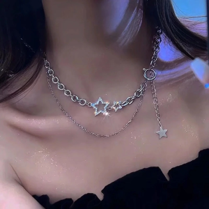 Y2K Double Layer Five-pointed Star Necklace Retro Punk Tassel Pendant for Women Girls Light Luxury Choker