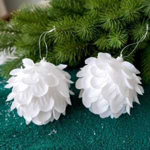 3pc 8/10cm Christmas Ball Ornaments White Glitter Pinecone Decorative Balls Petal Xmas Tree Hanging for Party Holiday Home Decor