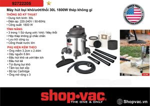 MÁY HÚT BỤI KHÔ/ƯỚC/THỔI 30L 1800W THÉP KHÔNG GỈ 92722205 SHOP-VAC