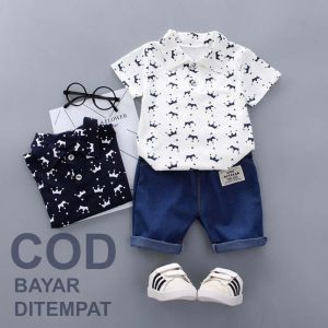 Setelan Kemeja Casual Anak Kerah Kancing Bayi Laki-laki Lengan Pendek 1 2 3 4 Tahun COD Bayar Ditempat