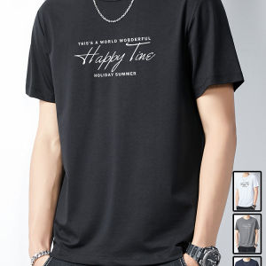 Kaos T-shirt lengan pendek hitam pria musim panas 2025 model baru leher bulat kaos lengan pendek Longgar atasan huruf seni budaya mahasiswa versi Korea pakaian pria a elegan yang penuh a merek tingkat tinggi keren populer terbarunyamanmudahdukan