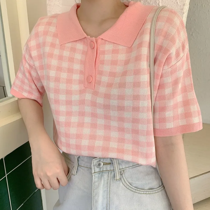 Newlan Zz002 Korean Retro Polo Crop Top For Women Loose Plaid Shirt Short  Sleeve Knit T-shirt