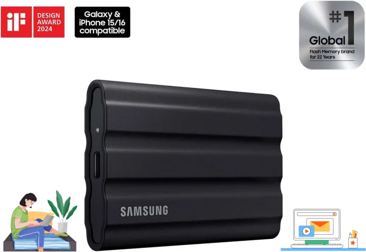 Samsung T7 Shield 2TB Portable SSD features USB 3.2 Gen2 with speeds up to 1050MB/s. Its rugged, IP65 water & dust-resistant design delivers secure