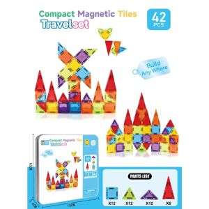 SG READY STOCK 26pcs/ 36pcs/ 42pcs / 56pcs Colourful Mini Magnetic Tiles Set. Magnetic Building Tiles with Travel Tin Case
