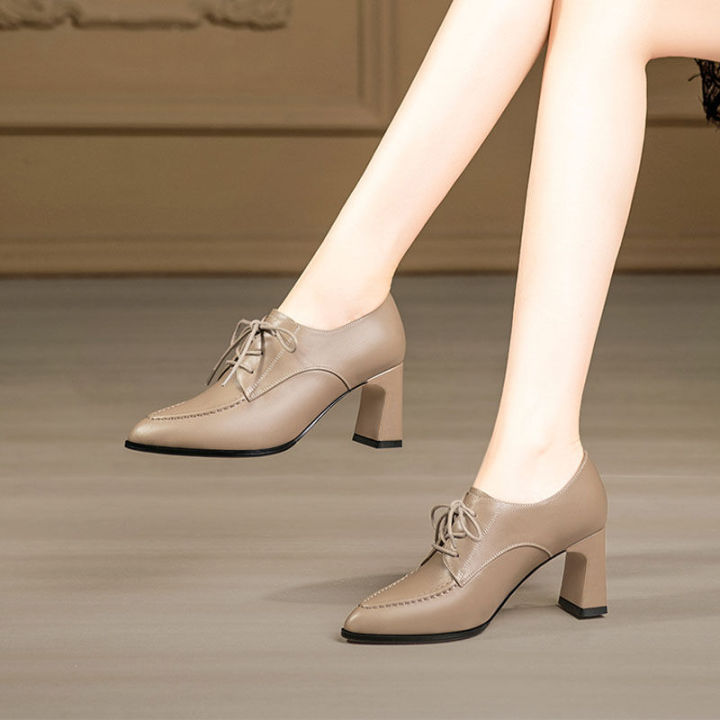 Women's Lace-up Deep Mouth High-heeled Leather Shoes New Leather Pointed  Thick Heel Non-slip Casual Women's Shoes
