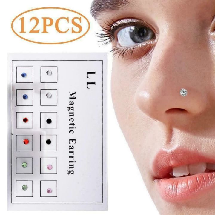 12Pcs/Card Magnetic Non Piercing Rhinestone Ear Stud Lip