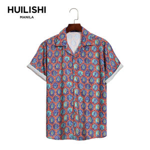HUILISHI Cuban collar mens casual fashion printed resort style short-sleeved shirt