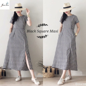 Black Square Maxi Dress Cantik Kekinian Korean Style Wanita Dewasa Bahan katun kotak import belakang sleting - Ld 98cm P 120cm 597