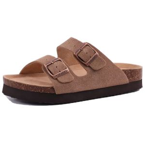 Crestar Women Cork Footbed Slippers Summer Couple Adjustable Double Buckles Flat Sandals Outdoor Cork Beach Slides With Open Toe2026