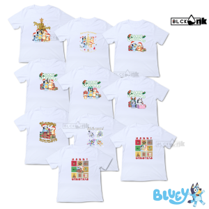 Kids T-shirt Bluey Christmas Theme good qualitynon-fading family t-shirt
