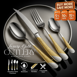 Sendok Garpu Cutlery Set Stainless Steel Premium Tebal Tekstur Emas Elegan